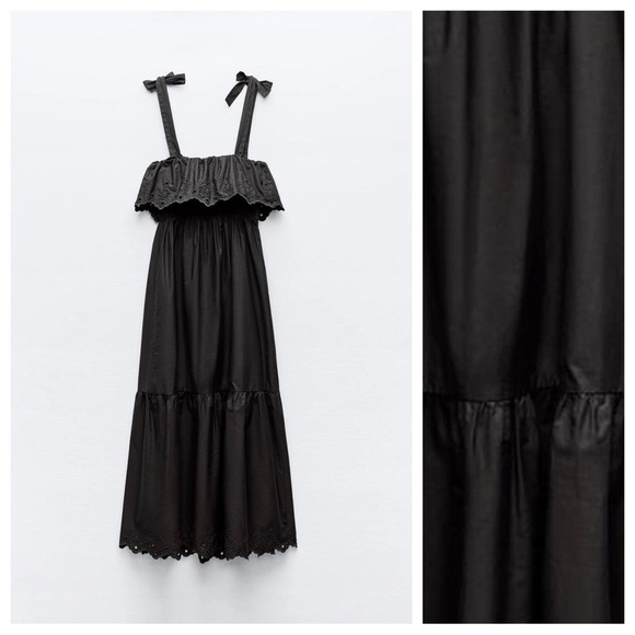 NWT. Zara Black Cotton Openwork Embroidery Midi Dress. Size M. - Picture 3 of 9